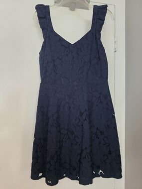 Women's LARGE Midi Dress in Navy BLUE, Floral Lace